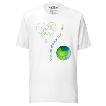 White t-shirt with green and blue graphics and text on a transparent background
