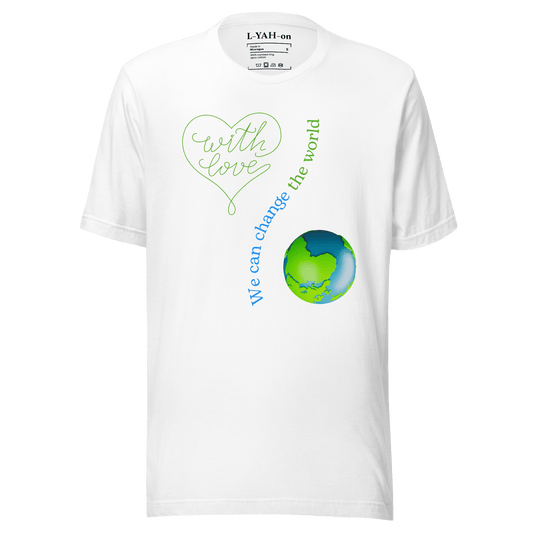 White t-shirt with green and blue graphics and text on a transparent background