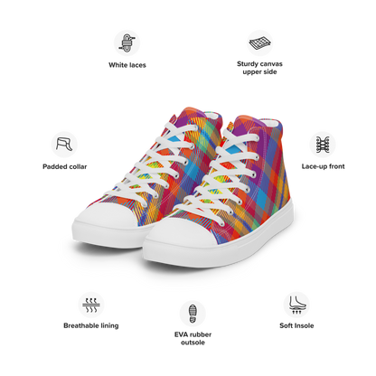 A pair of women's high top shoes with a multicolor canvas design.