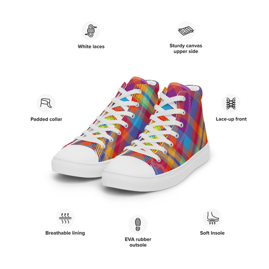 A pair of women's high top shoes with a multicolor canvas design.