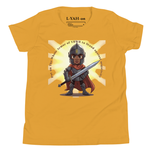 Yellow t-shirt with a warrior graphic and text on a white background