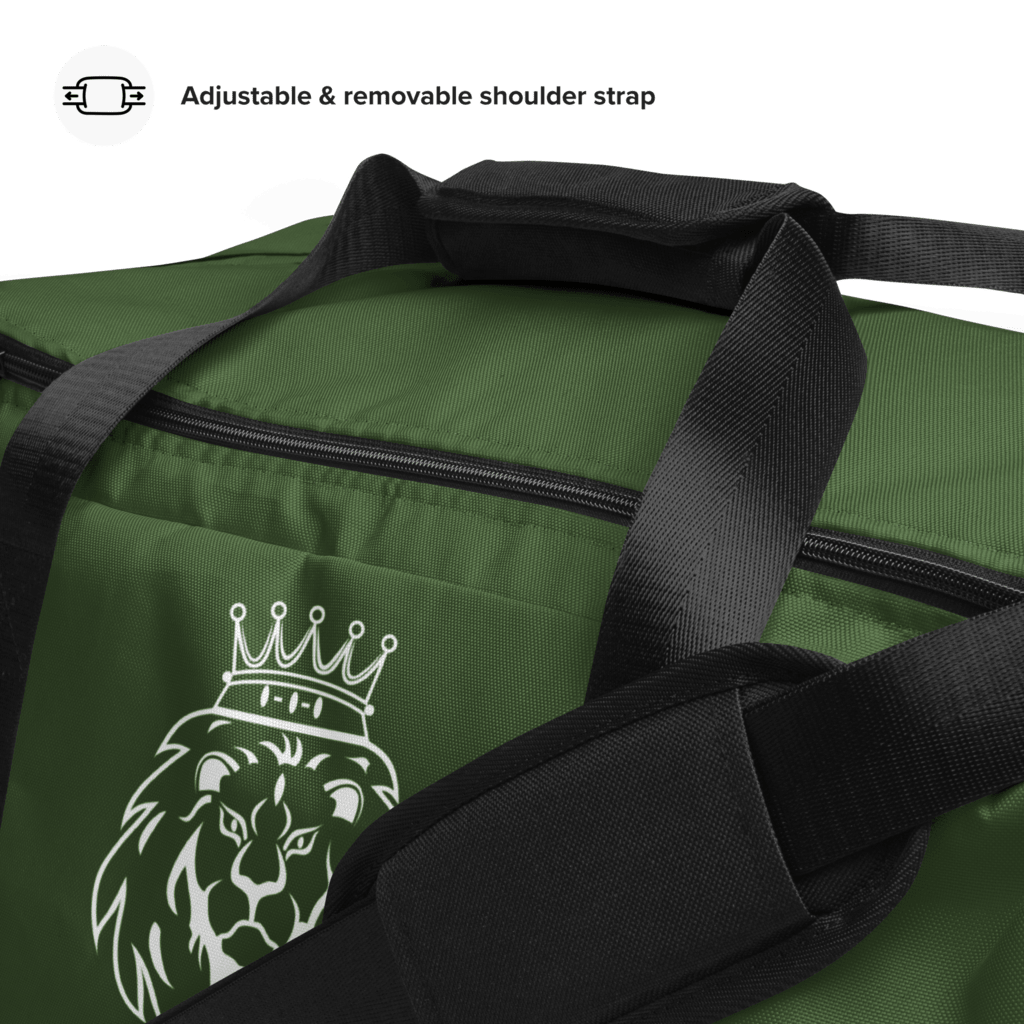 A green duffle bag with a black handle and multiple compartments, featuring a logo on the side.