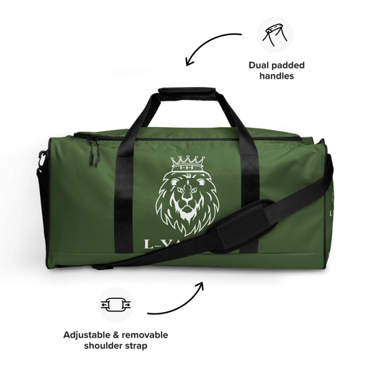 A green duffle bag with a black handle and multiple compartments, featuring a logo on the side.
