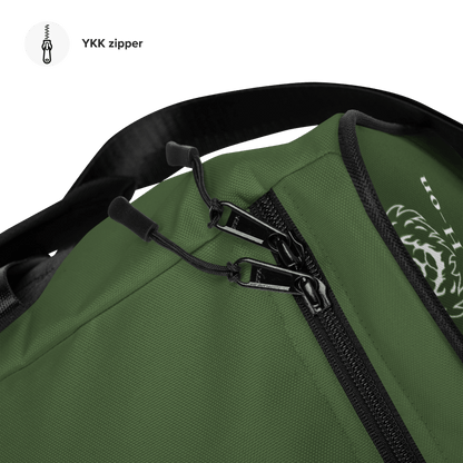 A green duffle bag with a black handle and multiple compartments, featuring a logo on the side.