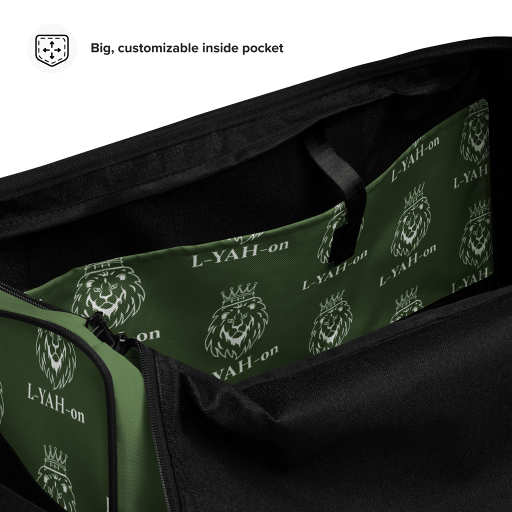 A green duffle bag with a black handle and multiple compartments, featuring logos inside.