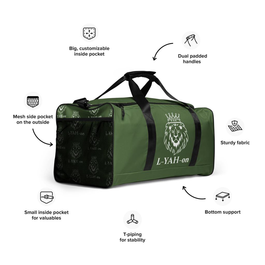 A green duffle bag with a black handle and multiple compartments, featuring a logo on the side.
