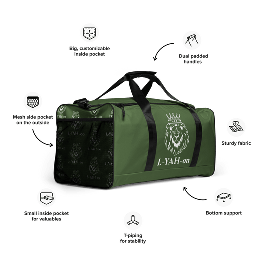 A green duffle bag with a black handle and multiple compartments, featuring a logo on the side.