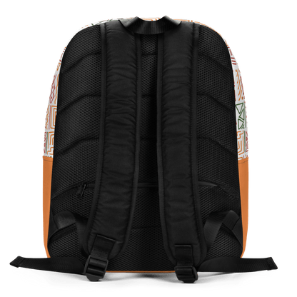 A minimalist backpack with an African print design, featuring a white background with geometric patterns