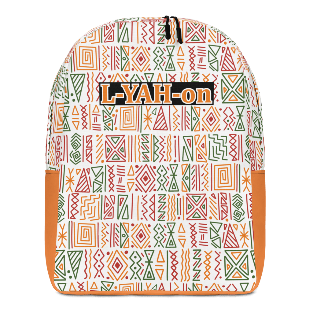 A minimalist backpack with an African print design, featuring a white background with geometric patterns