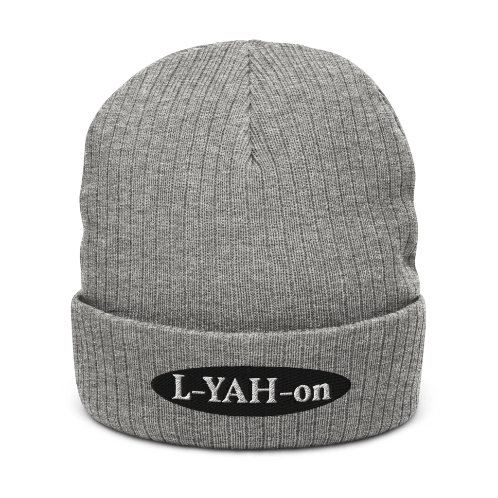 A gray ribbed knit beanie with the brand logo 'L-YAH-on' - faith-inspired fashion
