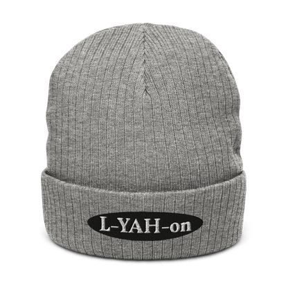 A gray ribbed knit beanie with the brand logo 'L-YAH-on' - faith-inspired fashion