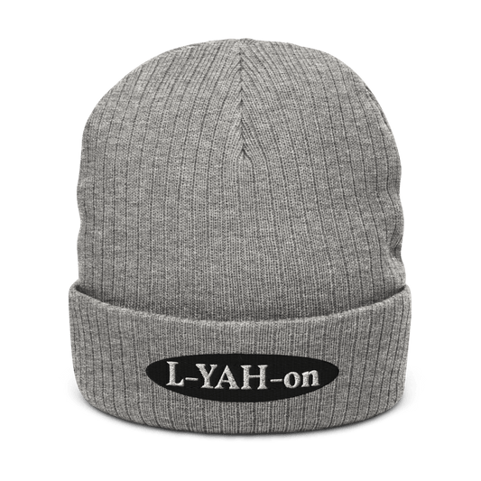 A gray ribbed knit beanie with the brand logo 'L-YAH-on' - faith-inspired fashion