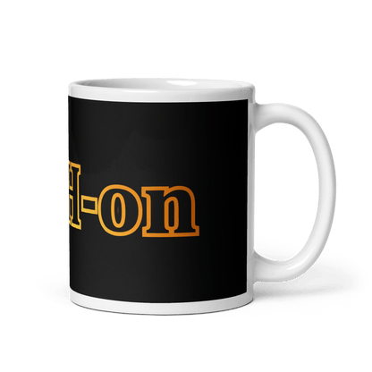 A black glossy mug with a vibrant yellow and orange 'L-YAH-on' logo -  faith-based mug