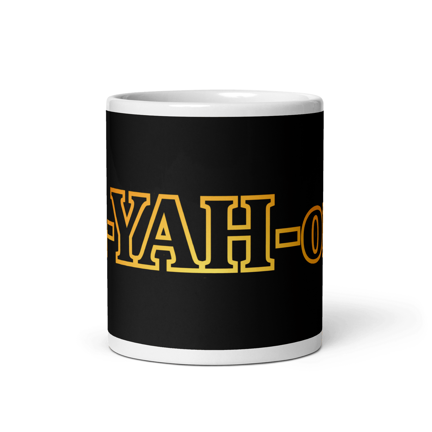 A black glossy mug with a vibrant yellow and orange 'L-YAH-on' logo -  faith-based mug