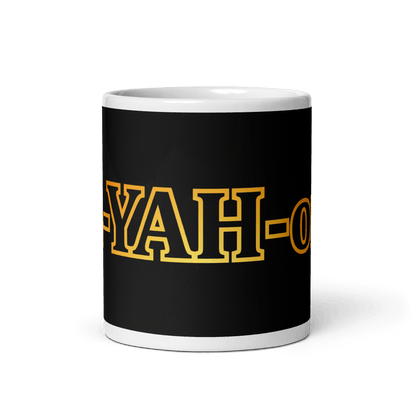 A black glossy mug with a vibrant yellow and orange 'L-YAH-on' logo -  faith-based mug