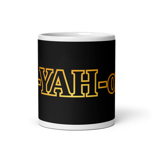 A black glossy mug with a vibrant yellow and orange 'L-YAH-on' logo -  faith-based mug