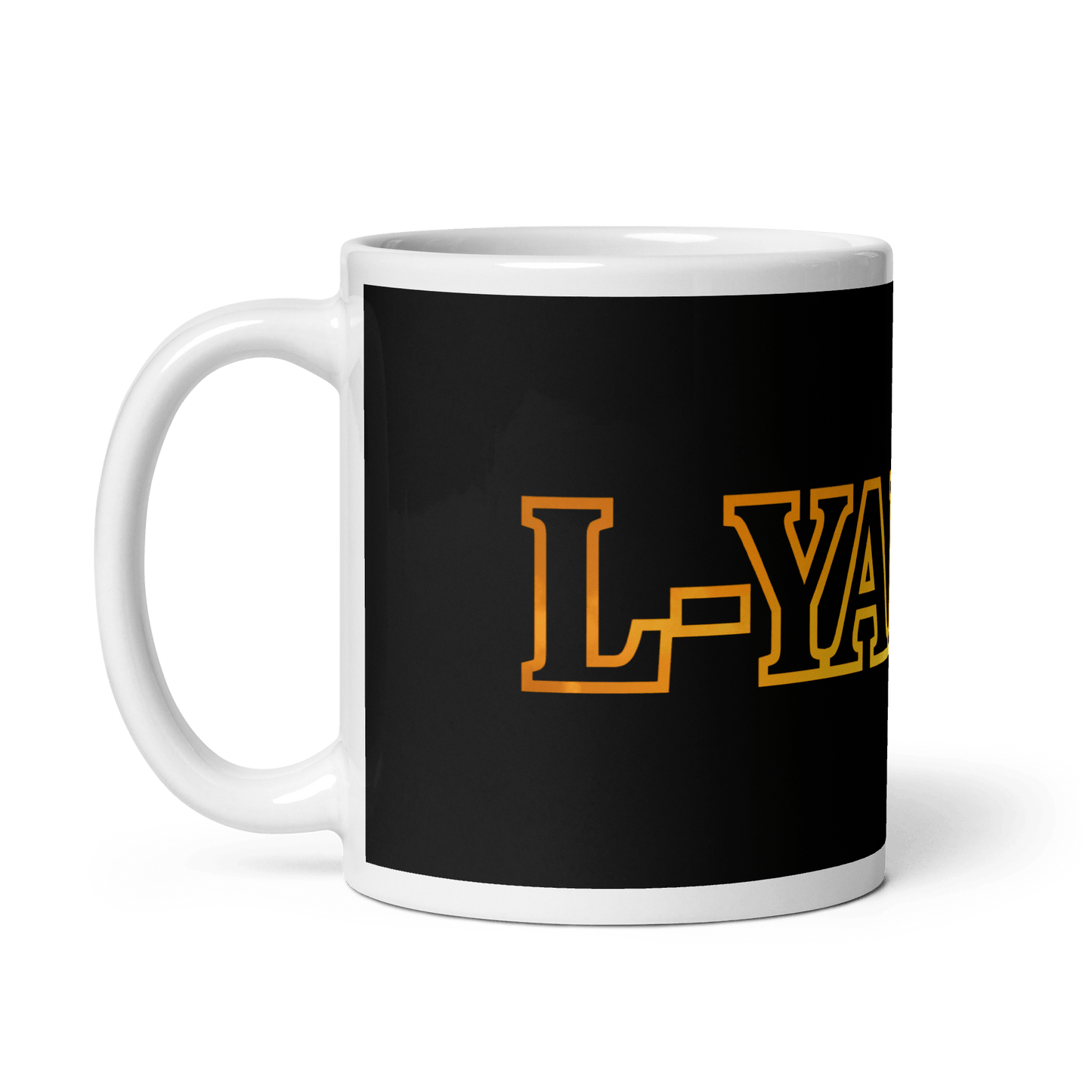 A black glossy mug with a vibrant yellow and orange 'L-YAH-on' logo -  faith-based mug
