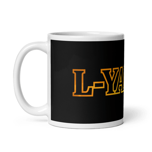 A black glossy mug with a vibrant yellow and orange 'L-YAH-on' logo -  faith-based mug