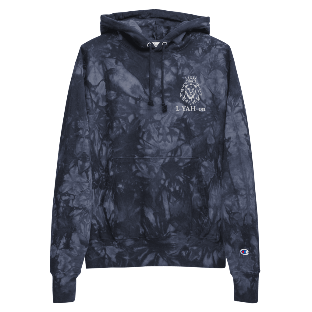 A black tie-dye hoodie with the text 'L-YAH-on' on the front and the Champion logo on the left sleeve.