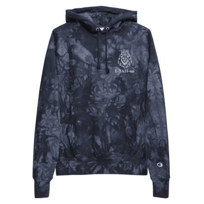 A black tie-dye hoodie with the text 'L-YAH-on' on the front and the Champion logo on the left sleeve.