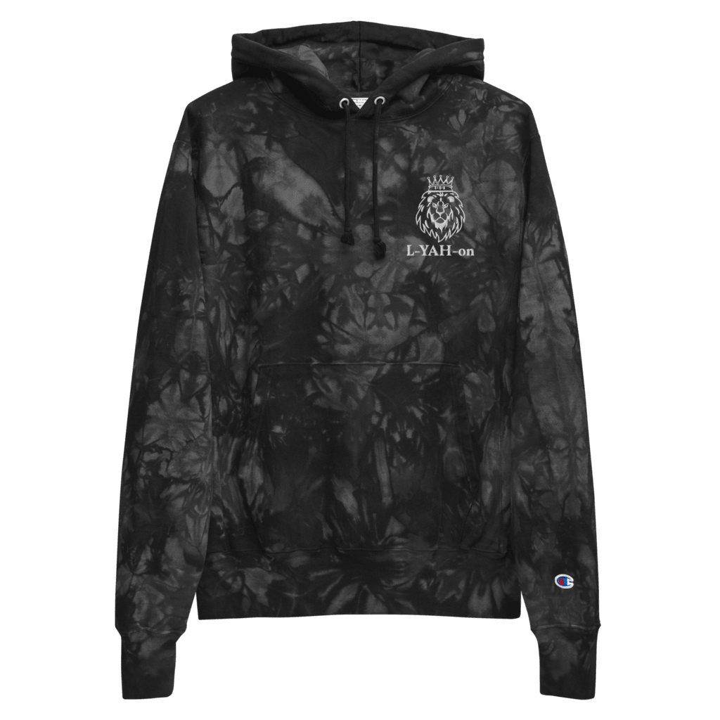 A black tie-dye hoodie with the text 'L-YAH-on' on the front and the Champion logo on the left sleeve.