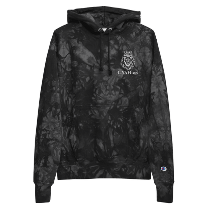 A black tie-dye hoodie with the text 'L-YAH-on' on the front and the Champion logo on the left sleeve.