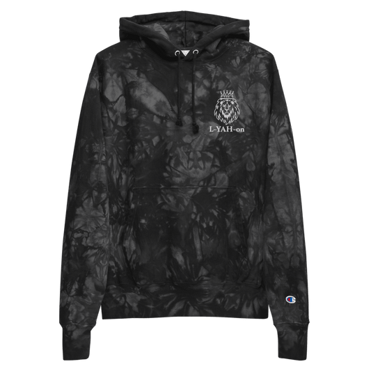 A black tie-dye hoodie with the text 'L-YAH-on' on the front and the Champion logo on the left sleeve.