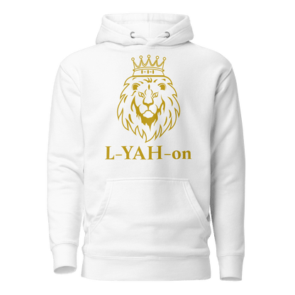 A white unisex hoodie with a golden print of a lion's head wearing a crown and the brand name 'L-YAH-on' below it.