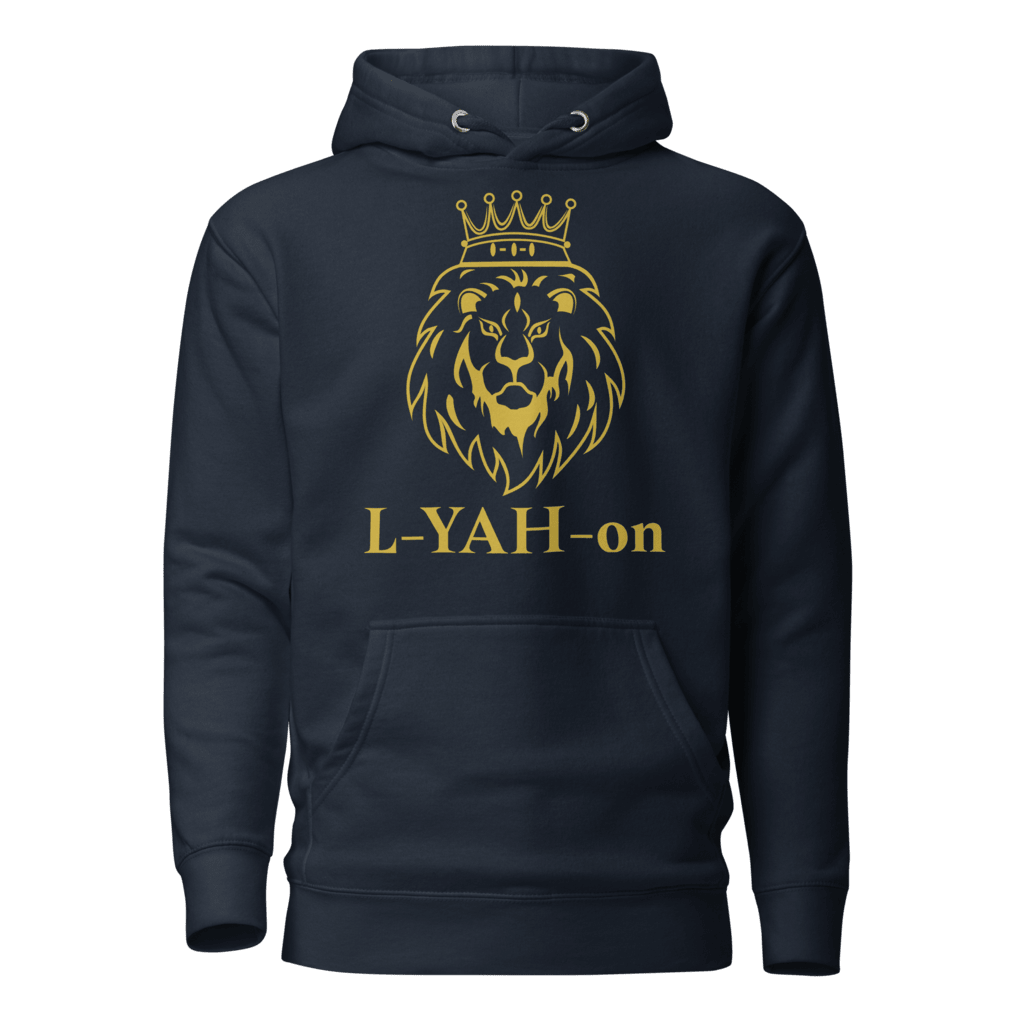 A navy unisex hoodie with a golden print of a lion's head wearing a crown and the brand name 'L-YAH-on' below it.