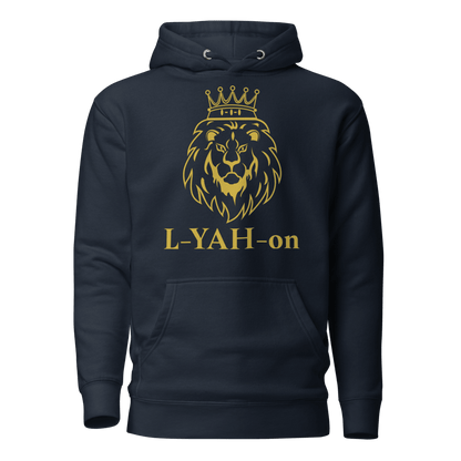 A navy unisex hoodie with a golden print of a lion's head wearing a crown and the brand name 'L-YAH-on' below it.
