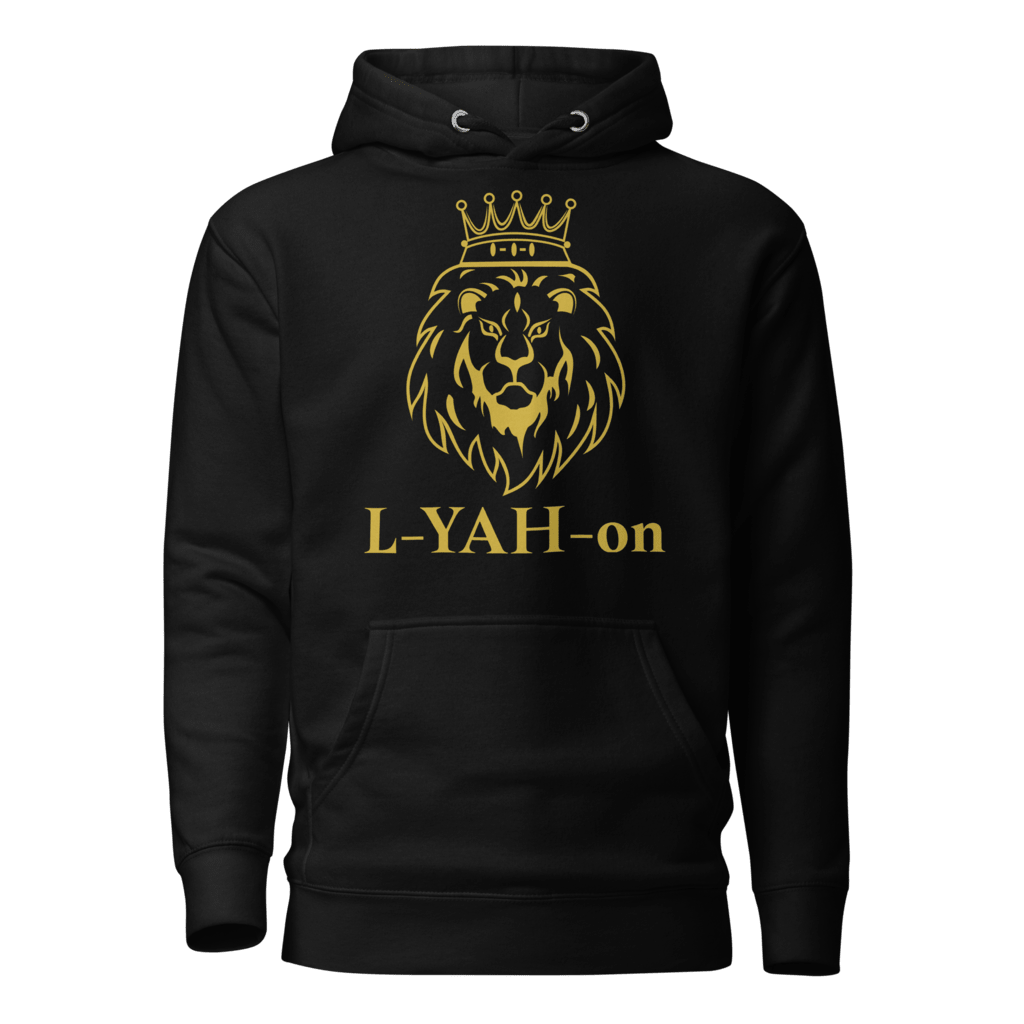A black unisex hoodie with a golden print of a lion's head wearing a crown and the brand name 'L-YAH-on' below it.