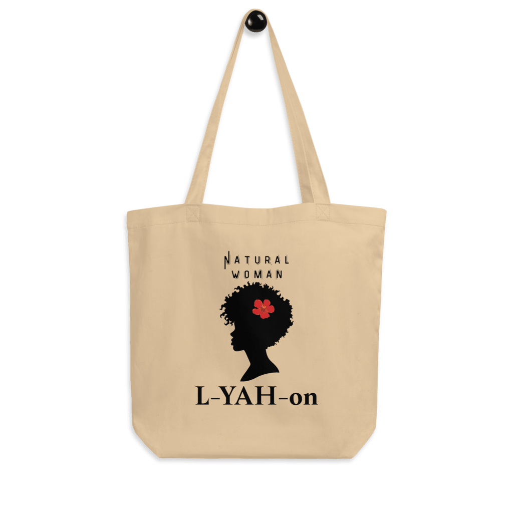 A beige organic cotton tote bag with a graphic print of a woman's silhouette and the brand name 'L-YAH-on'.