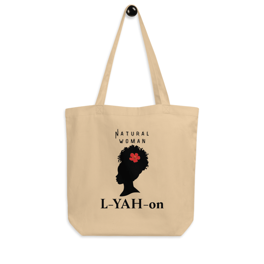 A beige organic cotton tote bag with a graphic print of a woman's silhouette and the brand name 'L-YAH-on'.