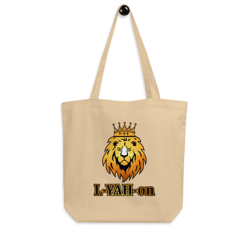 A black organic cotton tote bag with a graphic print of a lion's head wearing a crown and the brand name 'L-YAH-on' on the front.