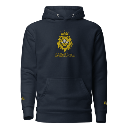 A black unisex hoodie with large embroidered text 'L-YAH-on' on the chest and a lion emblem with 'L-YAH-on' below it. The brand's logo is also visible on the hoodie.