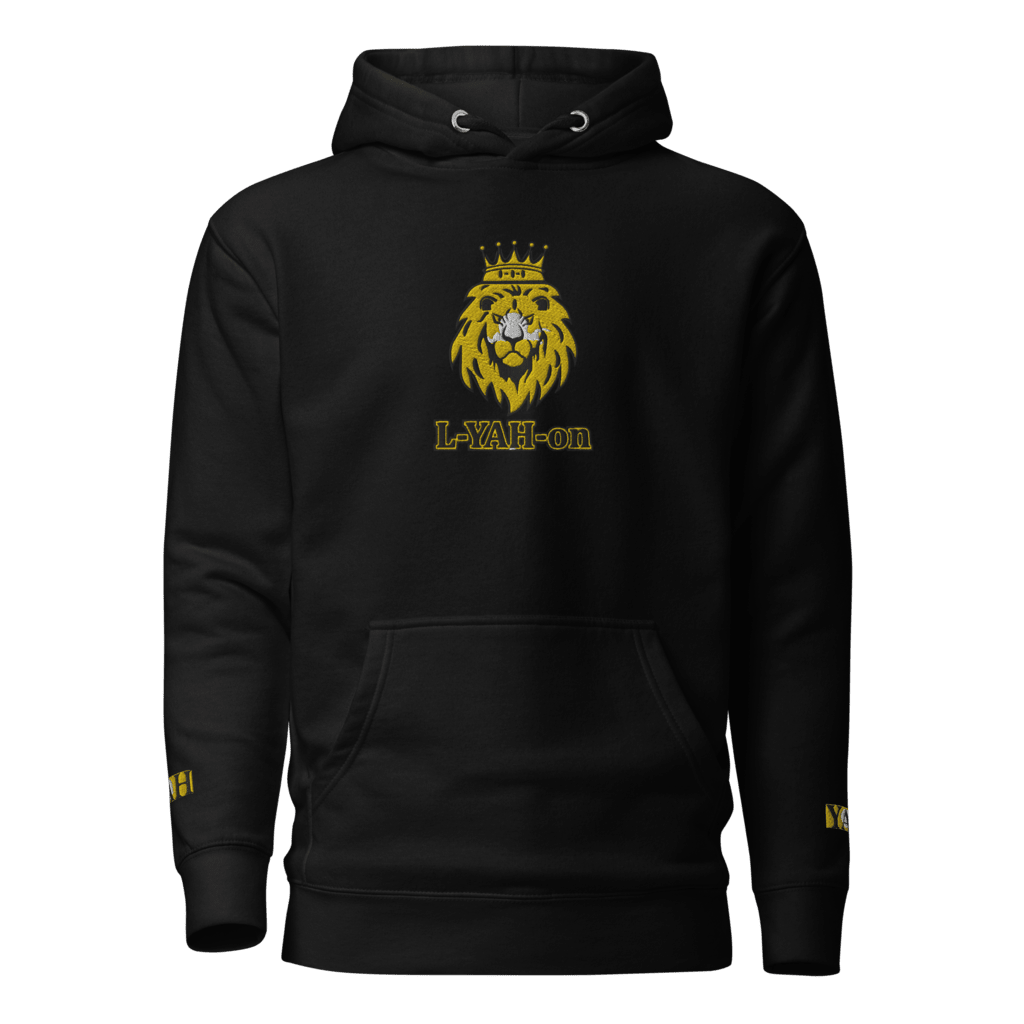 A black unisex hoodie with large embroidered text 'L-YAH-on' on the chest and a lion emblem with 'L-YAH-on' below it. The brand's logo is also visible on the hoodie.