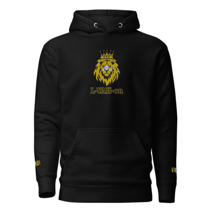A black unisex hoodie with large embroidered text 'L-YAH-on' on the chest and a lion emblem with 'L-YAH-on' below it. The brand's logo is also visible on the hoodie.