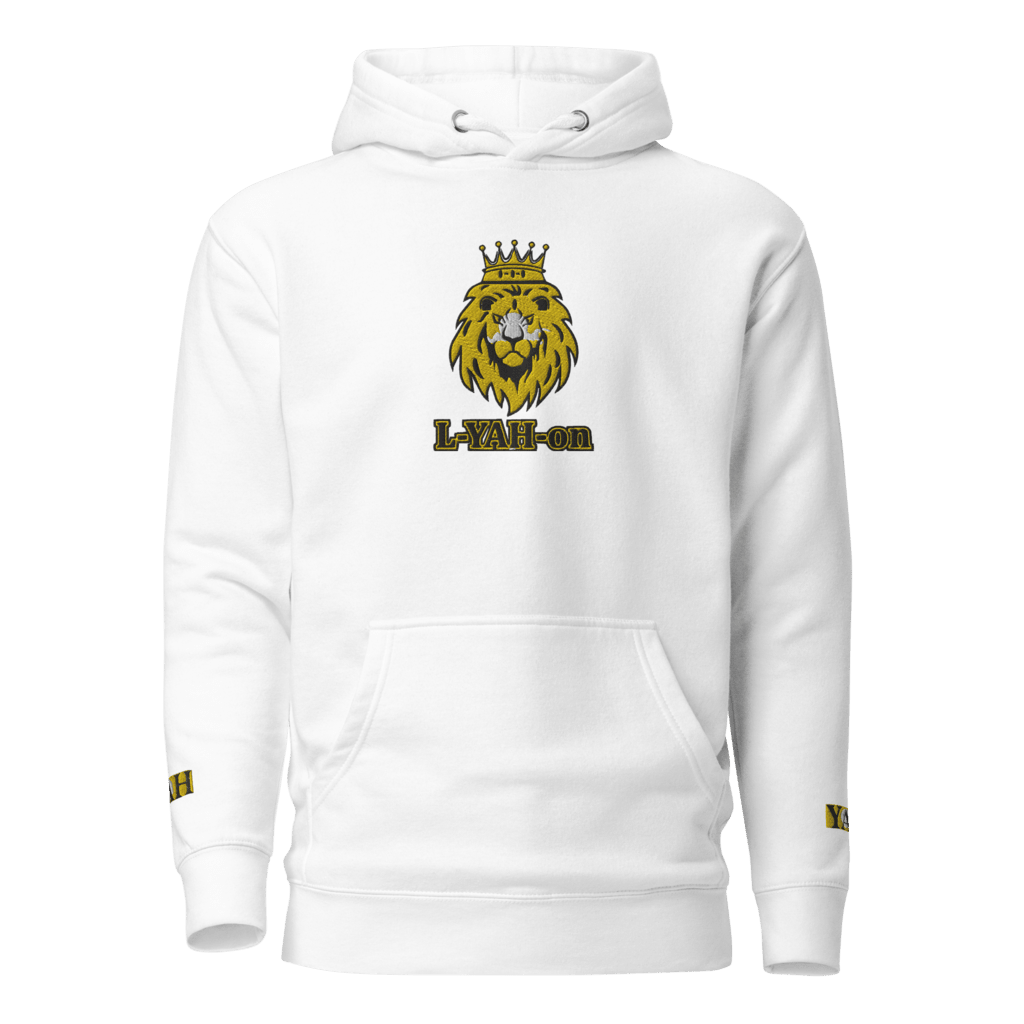 A black unisex hoodie with large embroidered text 'L-YAH-on' on the chest and a lion emblem with 'L-YAH-on' below it. The brand's logo is also visible on the hoodie.