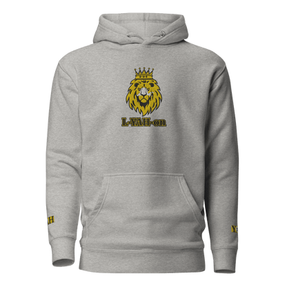 A black unisex hoodie with large embroidered text 'L-YAH-on' on the chest and a lion emblem with 'L-YAH-on' below it. The brand's logo is also visible on the hoodie.