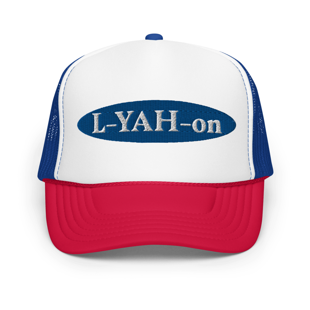 Blue foam trucker hat with 'L-YAH-on' text embroidered - Inspirational accessories