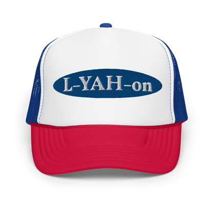 Blue foam trucker hat with 'L-YAH-on' text embroidered - Inspirational accessories