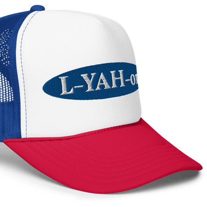Blue foam trucker hat with 'L-YAH-on' text embroidered - Inspirational accessories