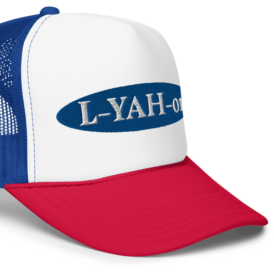 Blue foam trucker hat with 'L-YAH-on' text embroidered - Inspirational accessories