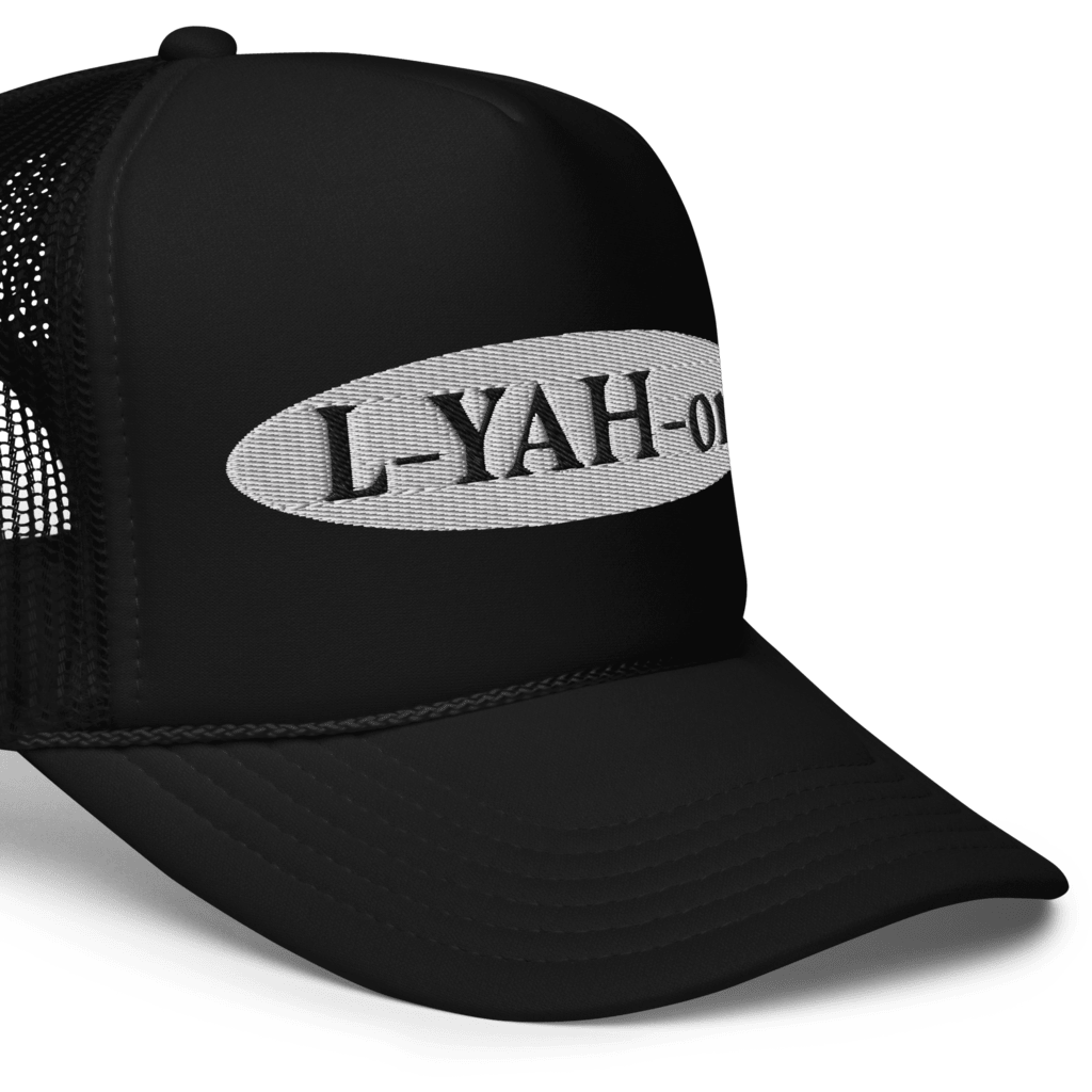 Black foam trucker hat with 'L-YAH-on' text embroidered - Inspirational accessories - faith-based online store