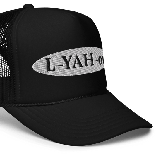 Black foam trucker hat with 'L-YAH-on' text embroidered - Inspirational accessories - faith-based online store