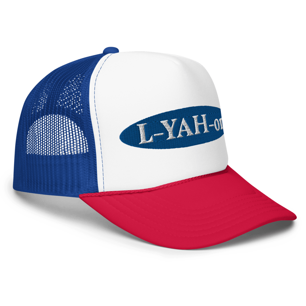 Blue foam trucker hat with 'L-YAH-on' text embroidered - Inspirational accessories