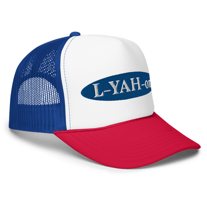 Blue foam trucker hat with 'L-YAH-on' text embroidered - Inspirational accessories