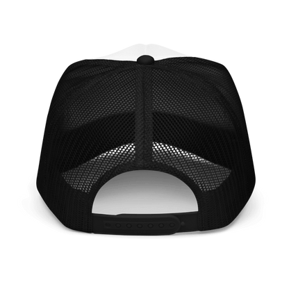 Back of a black foam trucker hat with 'L-YAH-on' text embroidered in white on the front.