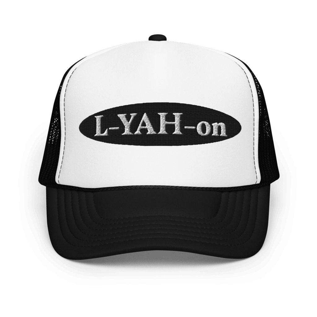 A white foam trucker hat with a black 'L-YAH-on' logo on the front.