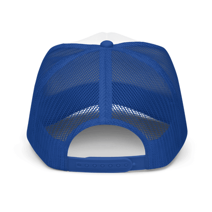 Back of Blue foam trucker hat with 'L-YAH-on' text embroidered - Inspirational accessories